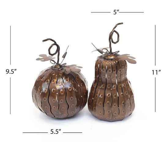Our Pumpkin and Gourd Mini Luminary Lanterns are handcrafted from metal in a hammered finished coffee color and they are wonderful for indoor or outdoor use. They also look great scattered among our larger pumpkins as well. They can easily accommodate a flameless or tea light candle. Our pumpkin and gourd set makes for a magical statement for fall and beyond. 