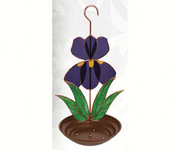 Our Purple Iris Hanging Stained Glass Bird feeder is handcrafted by skilled artisans and features a blending of cut stained glass colors with the use of high quality materials that will not fade, peel or scratch off.
