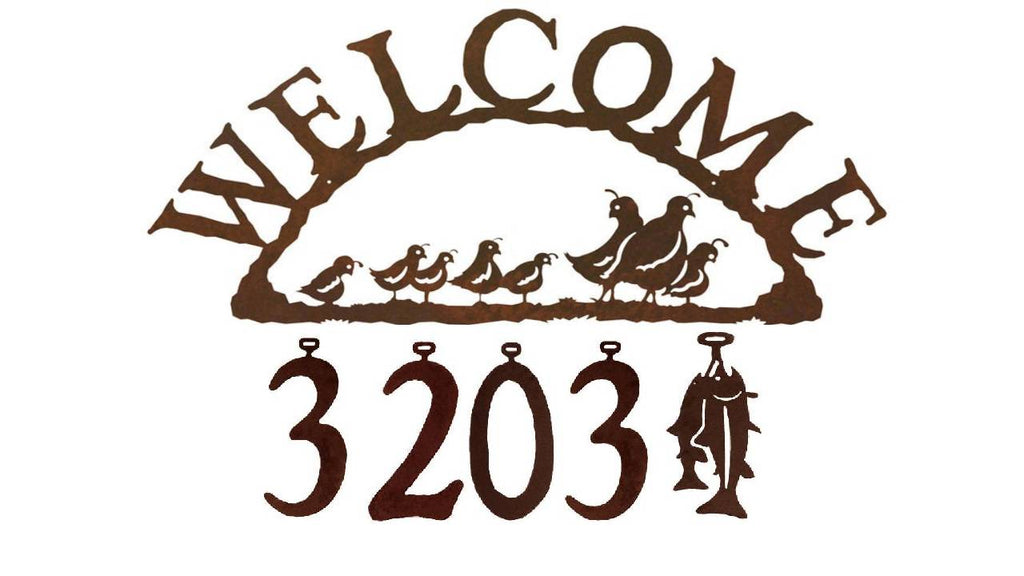 Our Quail Handcrafted Metal Welcome Address Sign is a great addition for your cabin or home and you can customize it with hanging numbers and symbols of your choice