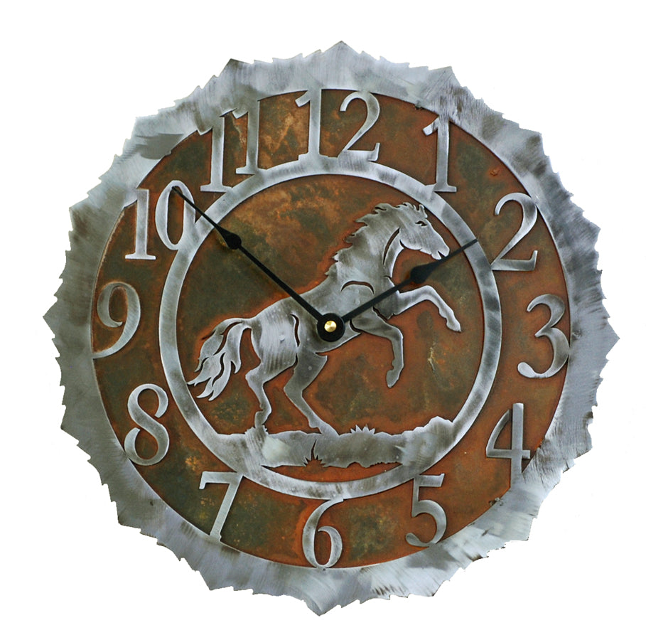 Our Rearing Horse Handcrafted Rustic Metal Wall Clock - 12" is truly a work of art and is custom made to order in 14 gauge steel two-tone rust and silver combination 