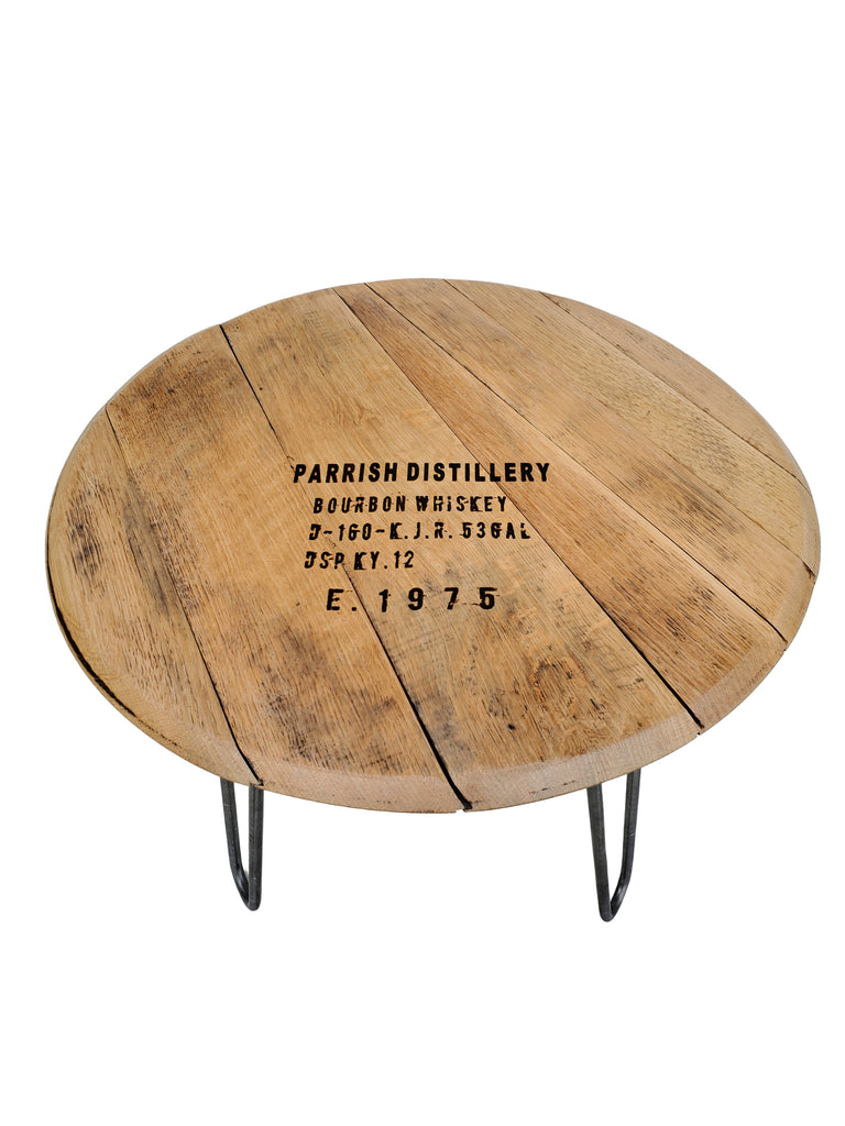 This unique Reclaimed Bourbon Barrel Head Accent Table with Original Winemakers Stamping will make quite a conversation piece
