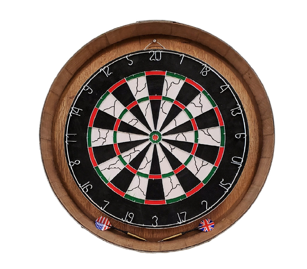 Our Reclaimed Wine Barrel Head Wood Dartboard Set will add fun and function as well as a unique wall decoration to any room in your home