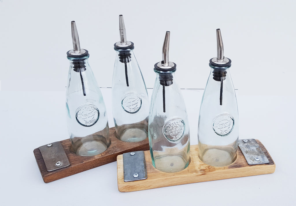 These handy Reclaimed Wood Wine Barrel Stave Cruet Sets are available in Natural or Walnut Finish make entertaining unique and expressive