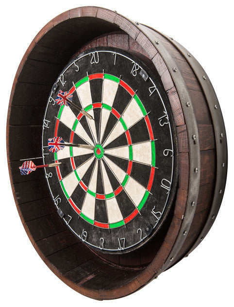 Side view of our Our Reclaimed Wine Barrel Head Wood Dartboard Set 
