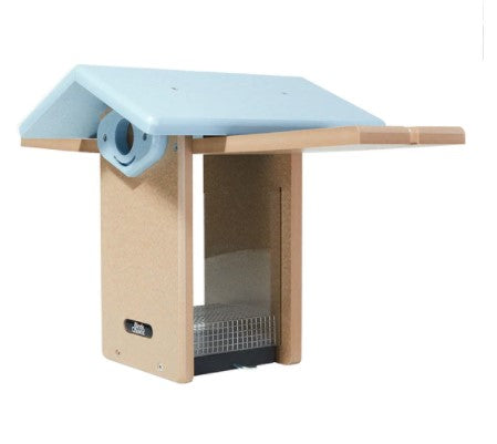 Our Recycled Poly Lumber Plastic Bluebird Bird House - Taupe and Blue is made in the USA. This poly-lumber bluebird feeder is made from recycled plastic and milk jugs that make for a sturdy product that comes with a lifetime guarantee to never crack, split or fade. Poly-lumber is, literally, tough as nails. The house features two tone blue roof and taupe colored base that is 5/8 inches in thickness. Additional features are shown below. Size is: 12"L x 10.75"W x 12.75"H with a 1.5" Entrance Hole.