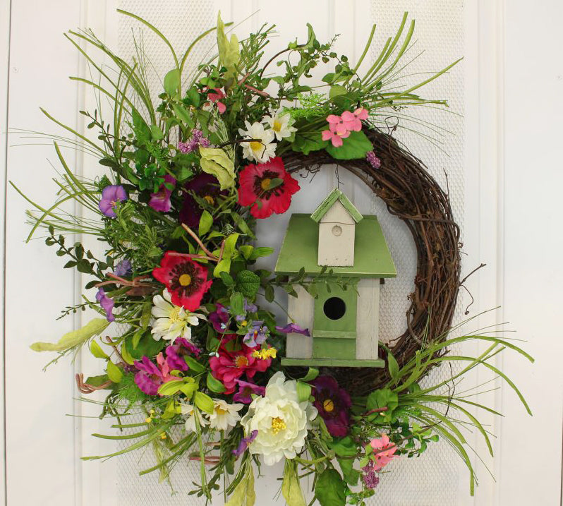 Our Red Poppies and Birdhouse Wispy Grapevine and Silk Front Door Wreath is unique and beautiful and a lovely presentation for your front door