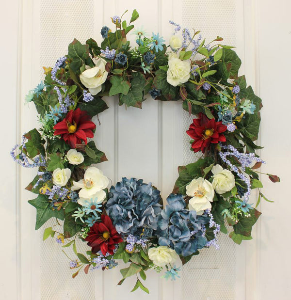Our Red, White and Hydrangea Blue Silk Front Door Wreath is 22" in diameter and beautiful for a patriotic celebration and beyond