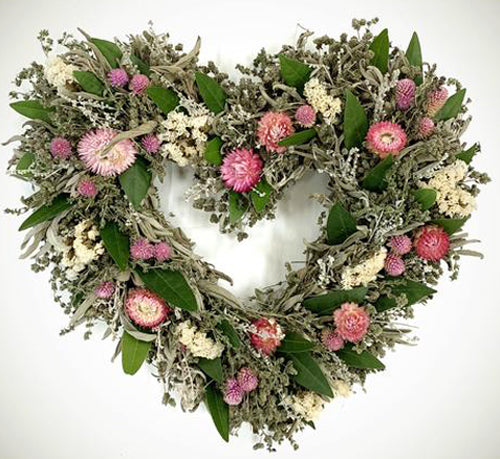 Our Romantic Floral Herb Heart Shaped Wreath  is 15" tall and handcrafted in the USA from farm raised florals.