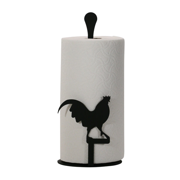 This Rooster Wrought Iron Paper Towel Holder Stand features powder coating for indoor and outdoor with quality USA made craftmanship. Show off your love for rooster décor in your kitchen or dining room or outdoors. Size is 14” tall x 6” wide x 6” deep. Rooster silhouette is 4-3/4” wide x 4” tall.