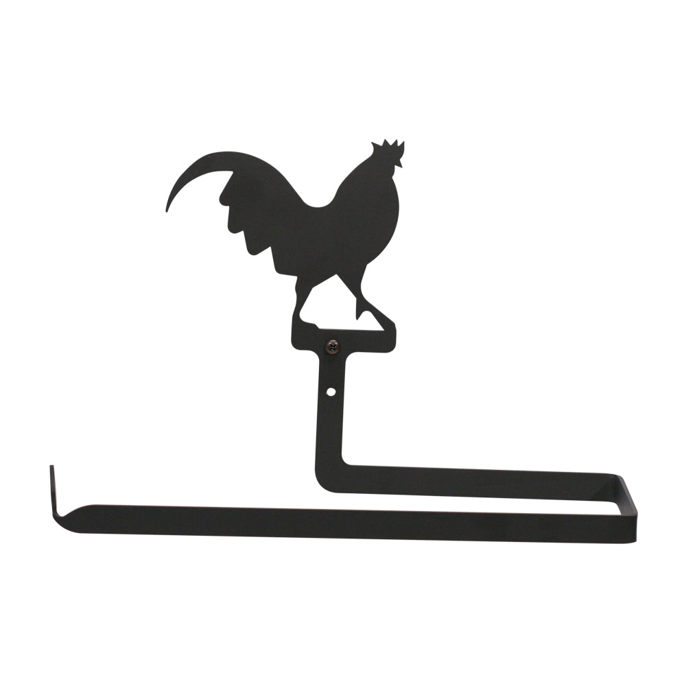 This Rooster Wrought Iron Horizontal Wall Mounted Paper Towel Holder features powder coating for indoor and outdoor with quality USA made craftmanship.  Comes with pre-drilled holes to easily mount on the wall. Show off your love for rooster décor in your kitchen or dining room or outdoors. Size is 12” tall x 7-3/4” high x 4” deep. Rooster silhouette is 5-1/8” wide x 4-1/4” tall.