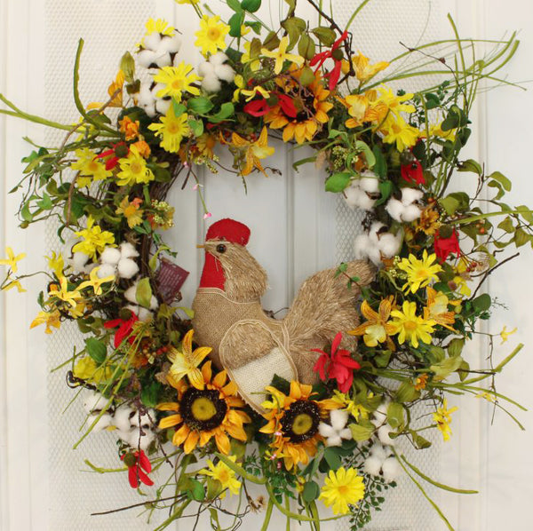 Our Roostering in the Sunflowers Silk Front Door Wreath is 22" in diameter and colorful and inviting to add to your front door