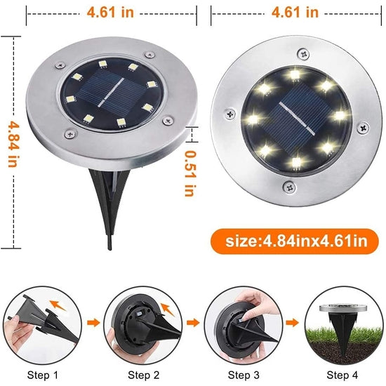 Our Round In Ground Solar Disk Landscape Lighting comes as a set of 4 disks that will accent any outdoor space and they will illuminate the night into an array of spectacular beauty… place them up a walkway, added within your flowers or up your driveway. So easy to install… simply turn on the switch under the cap and push the stake into the soil and the solar disk lights will automatically turn on in darkness and turn off in daytime or in bright areas. Each Size is 4.61” x 4.84” 