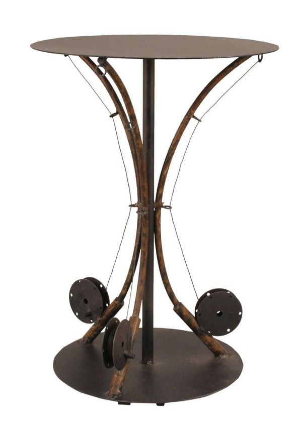Our Rustic Fly Fishing Pole Metal Accent Table features 3 fishing rods with reels holding up the table top and an expressive piece for rustic cabin or home