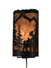 Our Rustic Moose Panel Wall Sconce captures the forested beauty with cutouts of metal moose and trees in front of the amber parchment paper shade