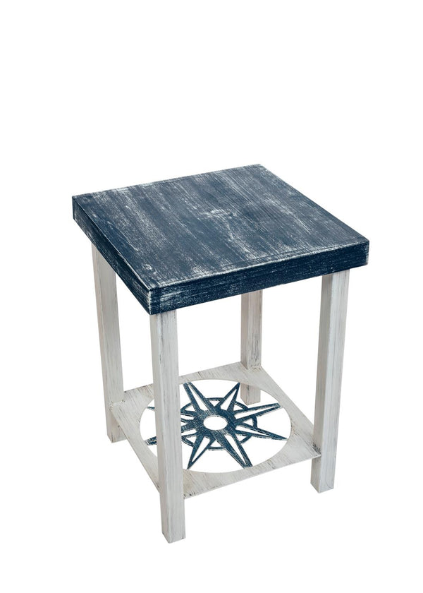 Great as an end table, lamp table or entertaining table, our Navy Blue and White Square Iron and Wood End Table with Nautical Compass Accent will look great in your home or covered patio.
