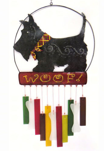 Our Scottie Dog Metal and Glass Wind Chime Suncatcher is handcrafted of metal and glass and you will enjoy the gentle sounds of the glass clanging together to make a wind chime sound that is lovely, fun and creative. Size is 10 inches wide and 23-1/2 inches long x 1-1/2 inches deep