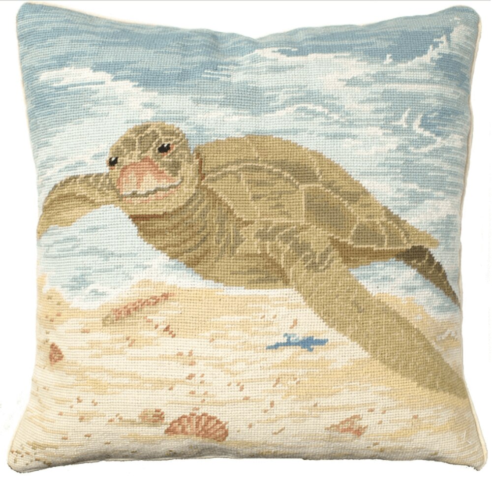 Our Sea Turtle Handcrafted Needlepoint Throw Pillow is 18” square and comes with your choice of polyester filling or, for an upcharge, you can have your pillow stuffed with down (duck) feathers