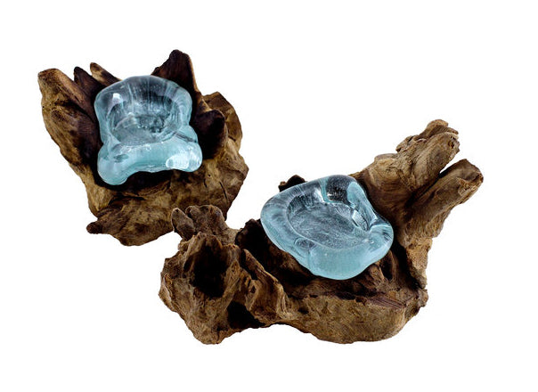 Single Hand Blown Molten Glass Candle Holder and Wood Root Sculpture (set of 2)