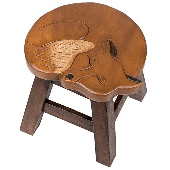 Our Sleeping Fox Handcrafted Wood Stool Footstool features beautiful carved detail and sturdy for aduts and children