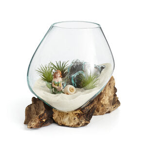 Our Small Hand Blown Molten Glass and Wood Root Sculptured Terrarium / Vase / Fish Bowl (9”x8”) shown in our bleached wood color. This item is also available in dark wood color.