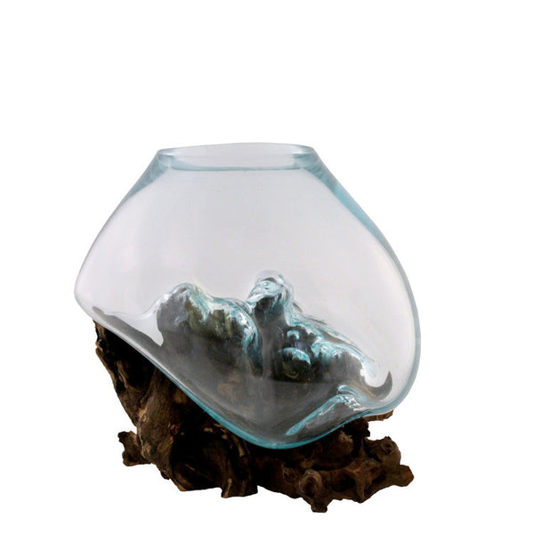 Our Small Hand Blown Molten Glass and Wood Root Sculptured Terrarium / Vase / Fish Bowl (9”x8”) shown in our dark wood color. This item is also available in bleached wood color.