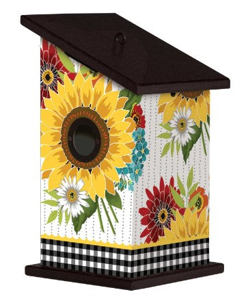 Our Sunflowers and Checks Decorative Birdhouse will create colorful places for birds to nest and rest as well as provide beauty and functionality all in one beautiful piece. Made in the USA of ultra-durable, maintenance free PVC frame with a recycled poly wood black roof and base, then wrapped with our bright automobile grade, all weather, vinyl artwork pieces to create a yard art sculpture that creates the ultimate WOW factor.