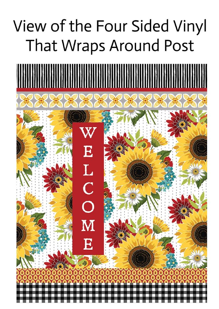 View of the vinyl wrap that surrounds our Sunflowers and Checks Decorative Obelisk Garden Yard Art Post