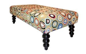 Our Symmetrical Circles Handcrafted Hooked Wool Bench has rich colors  and lots of symmetrical circles and is 24" x 47" x 16" in size.