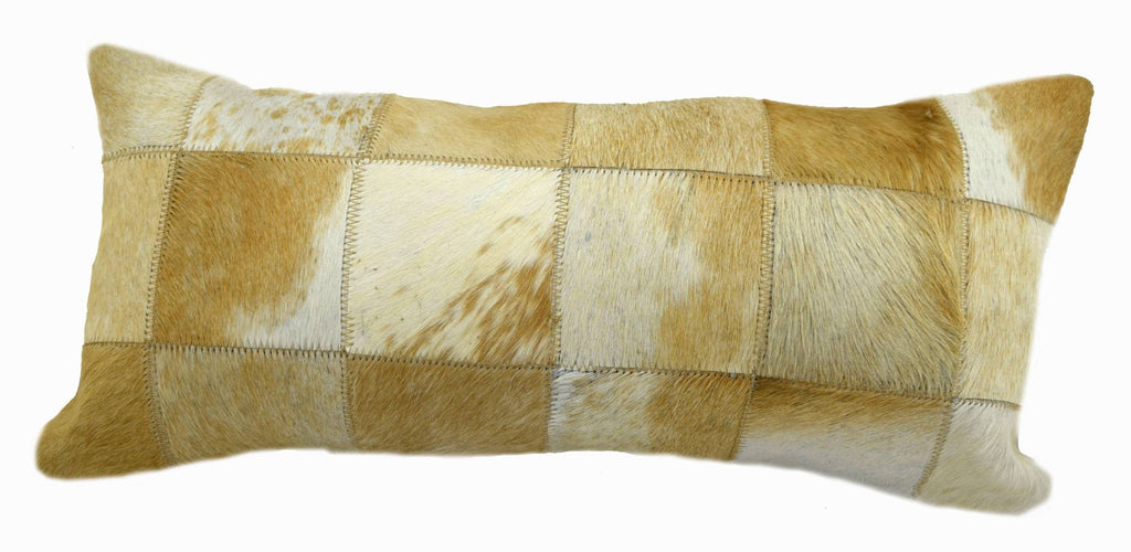 Tan and White Cowhide Patchwork Lumbar Pillow is 20” long x 12” tall and features an assortment of tan and white cowhide colors … all patchworked together to make a decorative pillow.