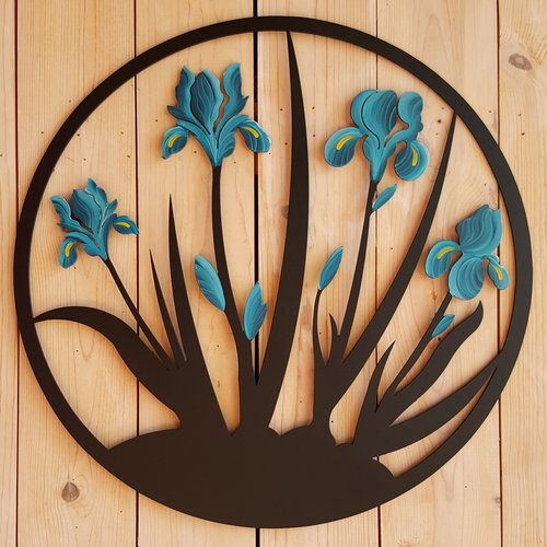 Our Teal Blooms Metal Indoor Outdoor Wall Art is available in four (4) colorful blooming iris colors, purple, yellow, teal or blue and white and each has been uniquely crafted in the USA by skilled artisans and custom made to order. Every piece created is powder coated for outdoor or indoor use and it captures the artist’s creative beauty of this magnificent flower wall hanging