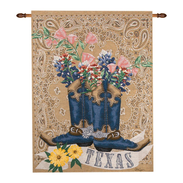 Our Texas Bluebonnet Tapestry Wall Hanging has been proudly made in the USA. This 100% cotton heirloom-quality woven tapestry wall hanging will add a touch of Texas inspiration and charm to your home. Comes complete with hanging rod. Size is 26”x36”.