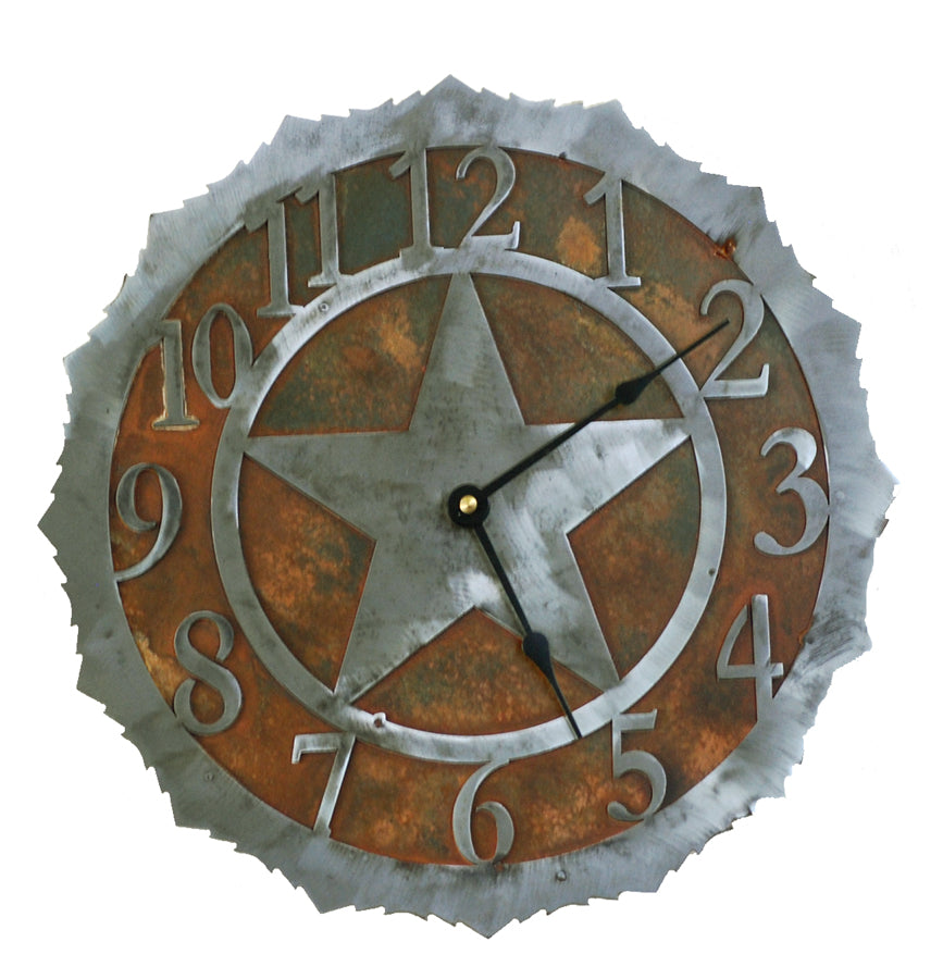 This Texas Star clock is just a sample of our 14 gauge two tone rust and silver combination clocks