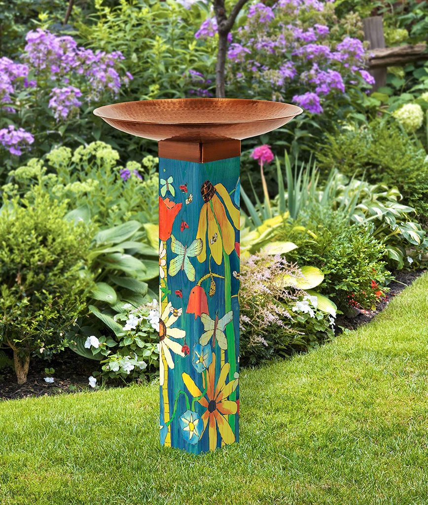 Our The Earth Laughs in Flowers Birdbath with Hammered Copper Bowl are Art Pole Birdbaths which are designed and manufactured here in the USA. The art pole base is made of durable, automotive grade PVC, and topped with a hand-hammered, copper-plated stainless steel birdbath bowl. It is easy to install, no digging required for installation and all hardware is included. The pole is 31” tall x 5” in deep, and the birdbath bowl is 18” in diameter. 
