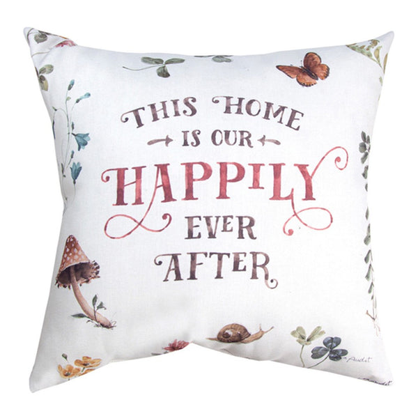 Our This Home Is Our Happily Ever After Reversible Indoor Outdoor Word Pillows manufactured with quality made weather resistant fabric, durable stitching and vivid colors that will add color and coziness to your home. The are 18” in size and come as a set of 2 and very versatile and inviting for both indoors and outdoors settings. Shown is the front of this pillow.