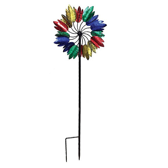 Our Traversing Tulips Kinetic Wind Spinner features an assortment of bright colors will that spin and twirl and create a motion of beauty. This unique wind spinner for your garden features two heavy metal bi-directional rotor blades (front and back) that independently rotate, enabling them to catch a breeze and begin the mesmerizing display of motion. Overall size is 60" Tall x 18" Wide.
