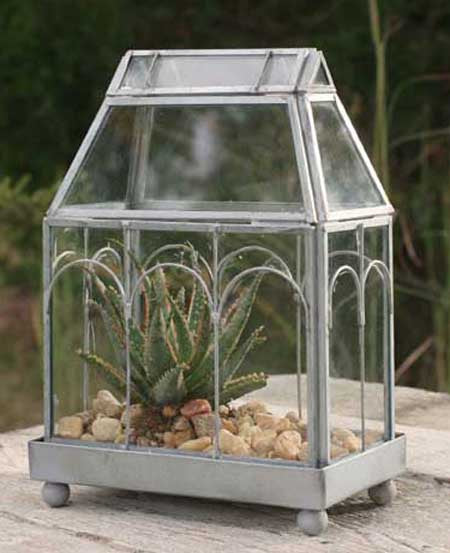 Our Triple Arches Tabletop Terrarium Planter/Candle Holder features metal and glass and a metal bottom tray with ball feet to allow you to add pots and other items to create an awesome tabletop creation and great for plants, candles and, of course, your imagination. Size is 8-3/4 inches tall x 6-1/2 inches long and 4 inches deep.