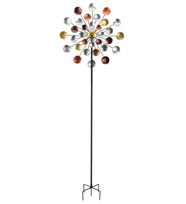 Our Triple Galaxy of Color Metal Kinetic Garden Stake Wind Spinner features hand painted copper, gold and silver finishes with triple spinning motion which creates a mesmerizing effect as it spins with the slightest of breeze. It is a great piece to add fun, color and movement to your garden.