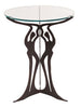 Our Triple Graces Table Metal Art Sculpture is a stately piece hand forged here in the USA by skilled artisans. Fabricated by hand with the use of 3/16” heavy gauge steel, then zinc galvanized to prevent rusting, and hand painted with a two-step high quality marine grade epoxy paint for weather resistant indoor or outdoor use. The very sturdy tri-legged pedestal base, once hand painted in a deep blue color, is then fitted with a 19” in diameter 3/8” piece of flat glass. 