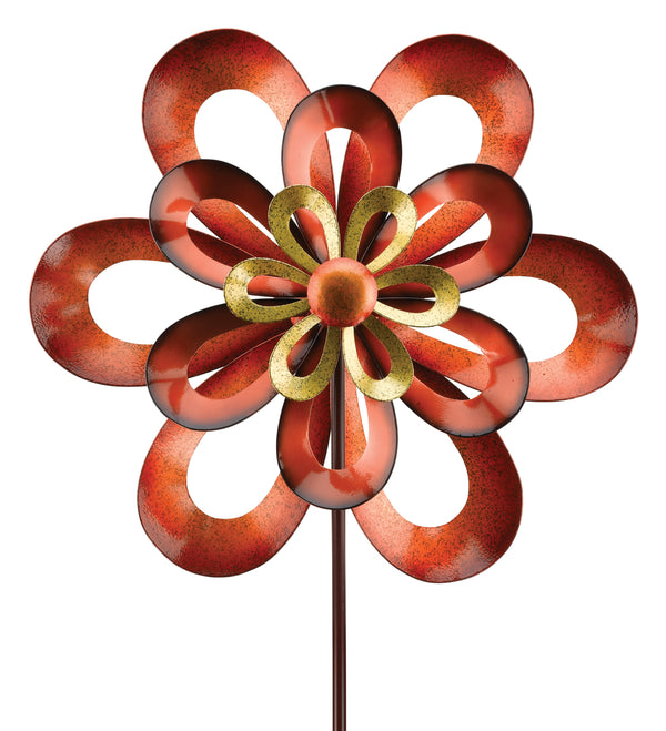 This heavy duty Triple Red and Gold Infinity Metal Kinetic Garden Stake Wind Spinner will add beauty, color and motion to your garden