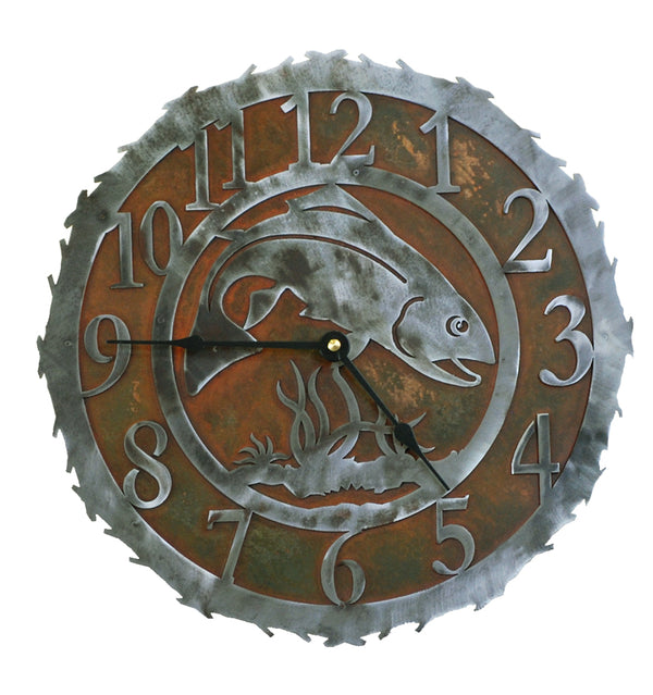 Our Trout Handcrafted Rustic Metal Wall Clock - 12" is truly a work of art and is custom made to order in 14 gauge steel black and silver combination