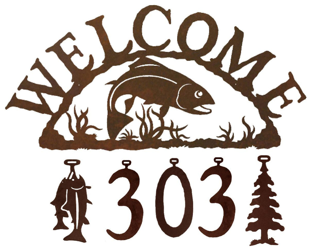 Our Trout Fish Handcrafted Metal Welcome Address Sign will be custom made for you and features 5 personalized numbers and or figures to create a sign that is especially for you