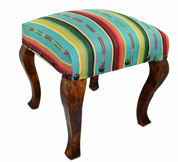 Our Turquoise Serape Striped Upholstered Fabric Square Stool Bench (18”) is great for in home use and handcrafted in the USA
