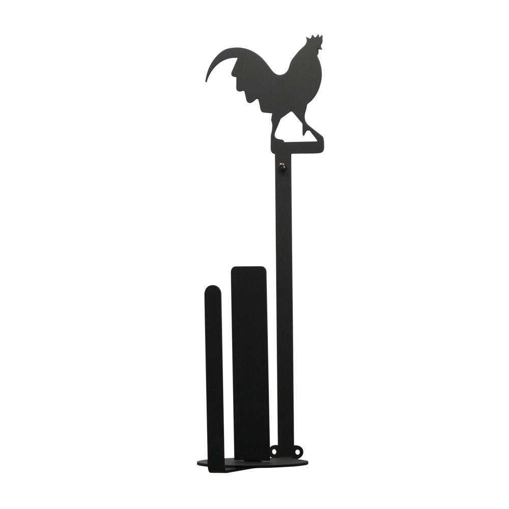 This Rooster Wrought Iron Vertical Wall Mounted Paper Towel Holder features powder coating for indoor and outdoor with quality USA made craftmanship.  Comes with pre-drilled holes to easily mount on the wall. Show off your love for rooster décor in your kitchen or dining room or outdoors. Size of this vertical mounted paper towel holder is 16” tall x 4-3/4” in diameter.  