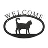 Welcome Sign With Cat Silhouette is handcrafted here in the USA and it has been powder coated for weather resistant indoor and outdoor use. It features the silhouette of a cat in the center.  It is available in two sizes 11-3/8” wide  x 7-7/8” high and 17-1/2” wide x 12-½” high