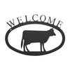 Our Welcome Sign With Cow Silhouette is handcrafted here in the USA and it has been powder coated for weather resistant indoor and outdoor use. It features the silhouette of a cow in the center and is available in two sizes 11-3/8” wide x 7-7/8” high and 17-1/2” wide x 12-½” high.