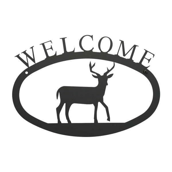 Our Welcome Sign With Deer Silhouette is handcrafted here in the USA and it has been powder coated for weather resistant indoor and outdoor use. It features the silhouette of a deer in the center and is available in two sizes 11-3/8” wide  x 7-7/8” high and 17-1/2” wide x 12-½” high.