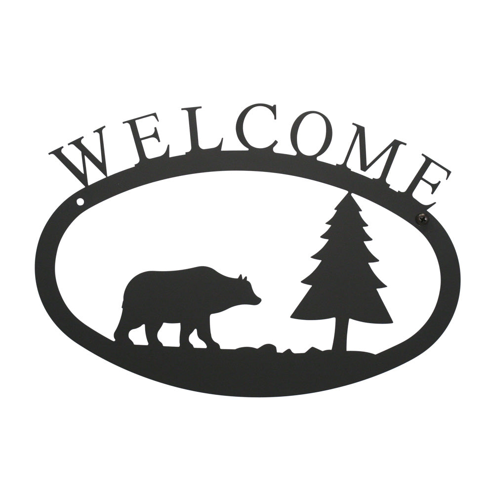 Our Welcome Sign With Bear and Pine Tree Silhouette is handcrafted here in the USA and it has been powder coated for weather resistant indoor and outdoor use. It features the silhouette of a bear and pine tree in the center and is available in two sizes 11-3/8” wide  x 7-7/8” high and 17-1/2” wide x 12-½” high.