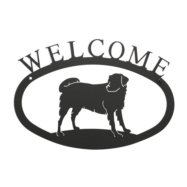 Our Welcome Sign With Dog Silhouette is handcrafted here in the USA and it has been powder coated for weather resistant indoor and outdoor use. It features the silhouette of a dog in the center and is available in two sizes 11-3/8” wide x 7-7/8” high and 17-1/2” wide x 12-½” high.