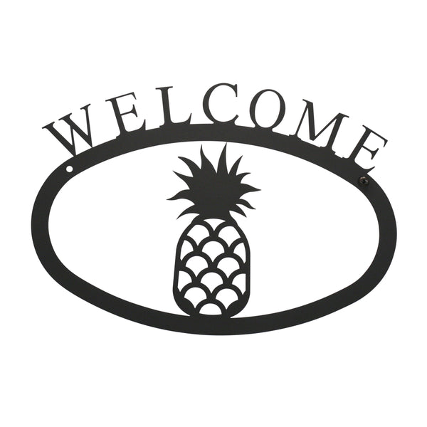 Our Welcome Sign With Pineapple Silhouette is handcrafted here in the USA and it has been powder coated for weather resistant indoor and outdoor use. It features the silhouette of a pineapple in the center and is available in two sizes 11-3/8” wide x 7-7/8” high and 17-1/2” wide x 12-½” high.