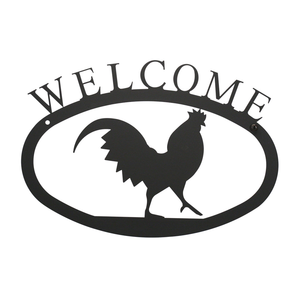 Our Welcome Sign With Rooster Silhouette is handcrafted here in the USA and it has been powder coated for weather resistant indoor and outdoor use. It features the silhouette of a rooster in the center and is available in two sizes 11-3/8” wide  x 7-7/8” high and 17-1/2” wide x 12-½” high